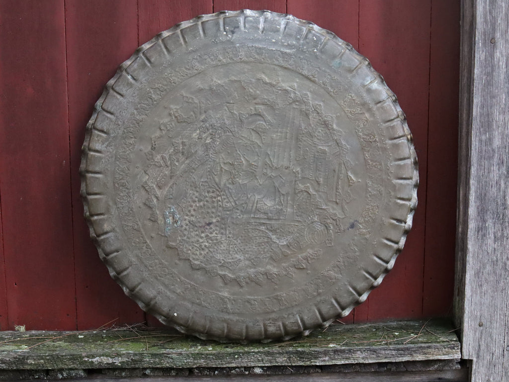 Vintage Persian Copper Ghalamzani Tray With Tin Wash
