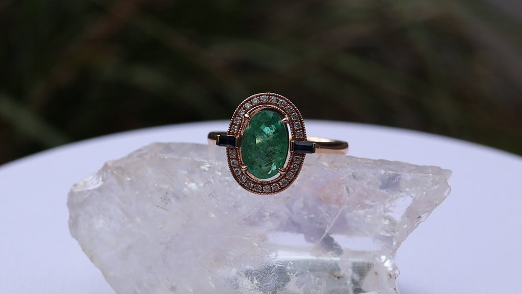 Emerald, Sapphire and Diamond Ring in 18ct Rose Gold