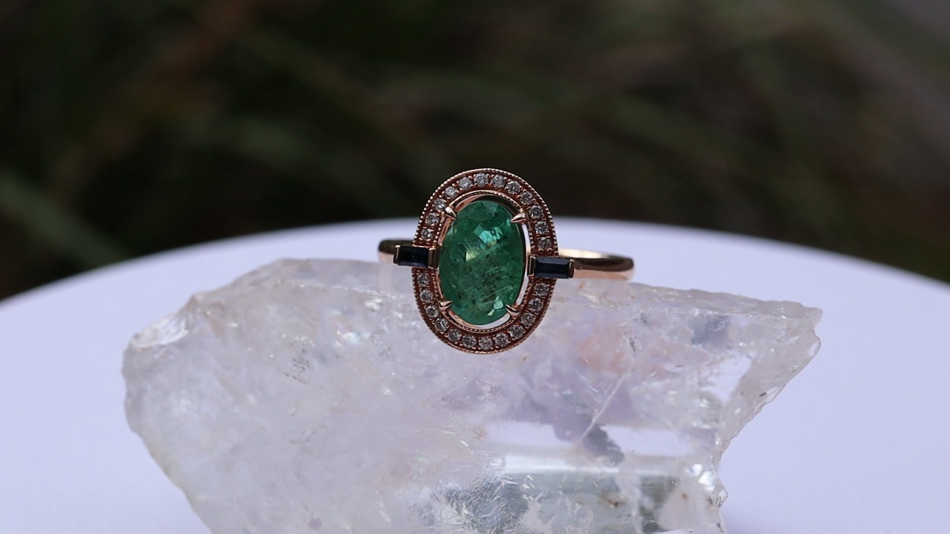 Emerald, Sapphire and Diamond Ring in 18ct Rose Gold
