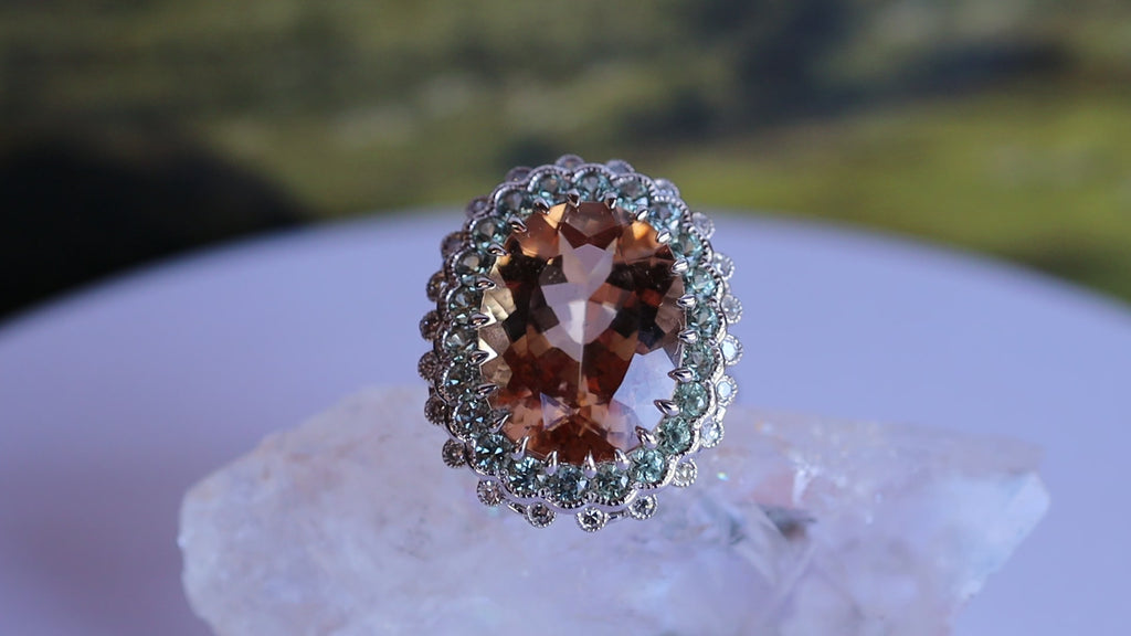 Morganite, Sapphire and Diamond Ring in Platinum