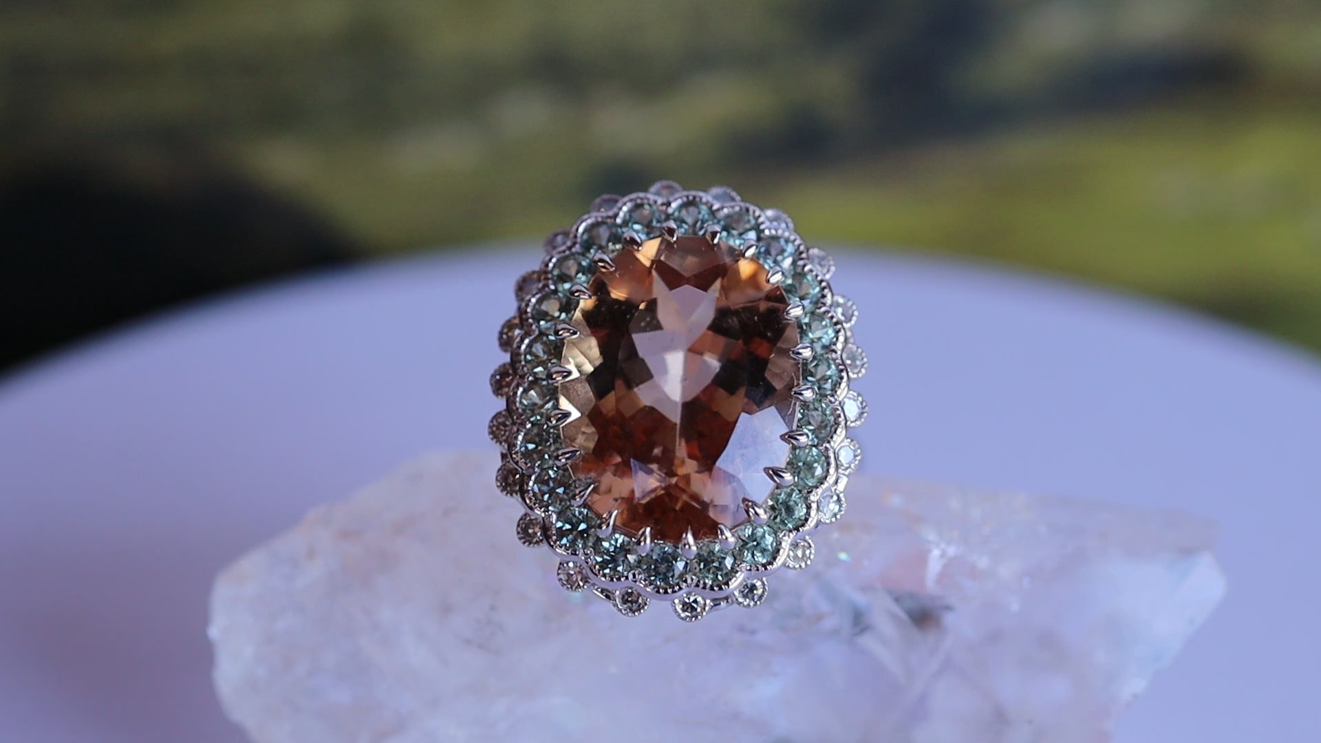 Morganite, Sapphire and Diamond Ring in Platinum