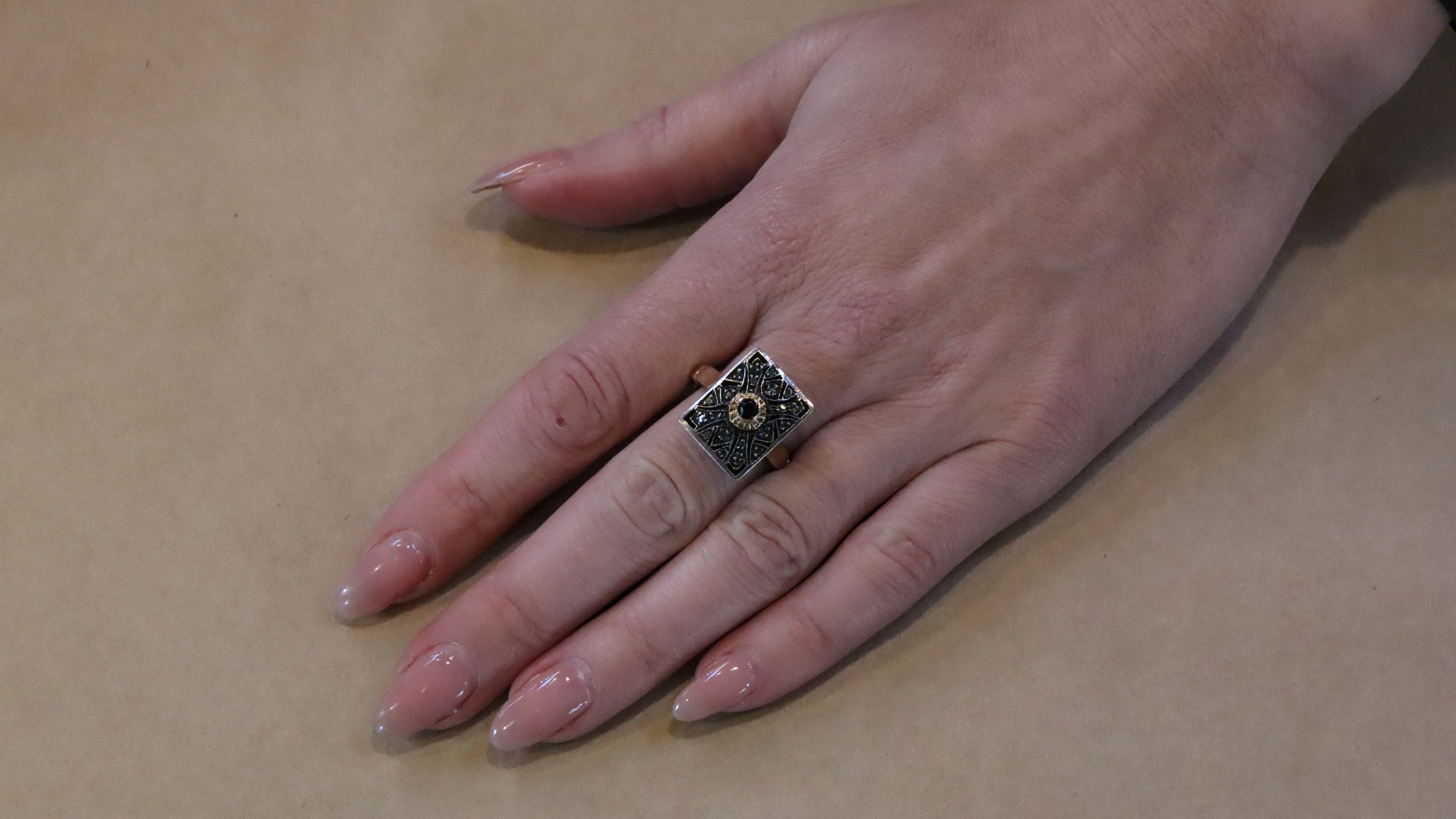 Sapphire and Marcasite Ring in 14ct Rose Gold