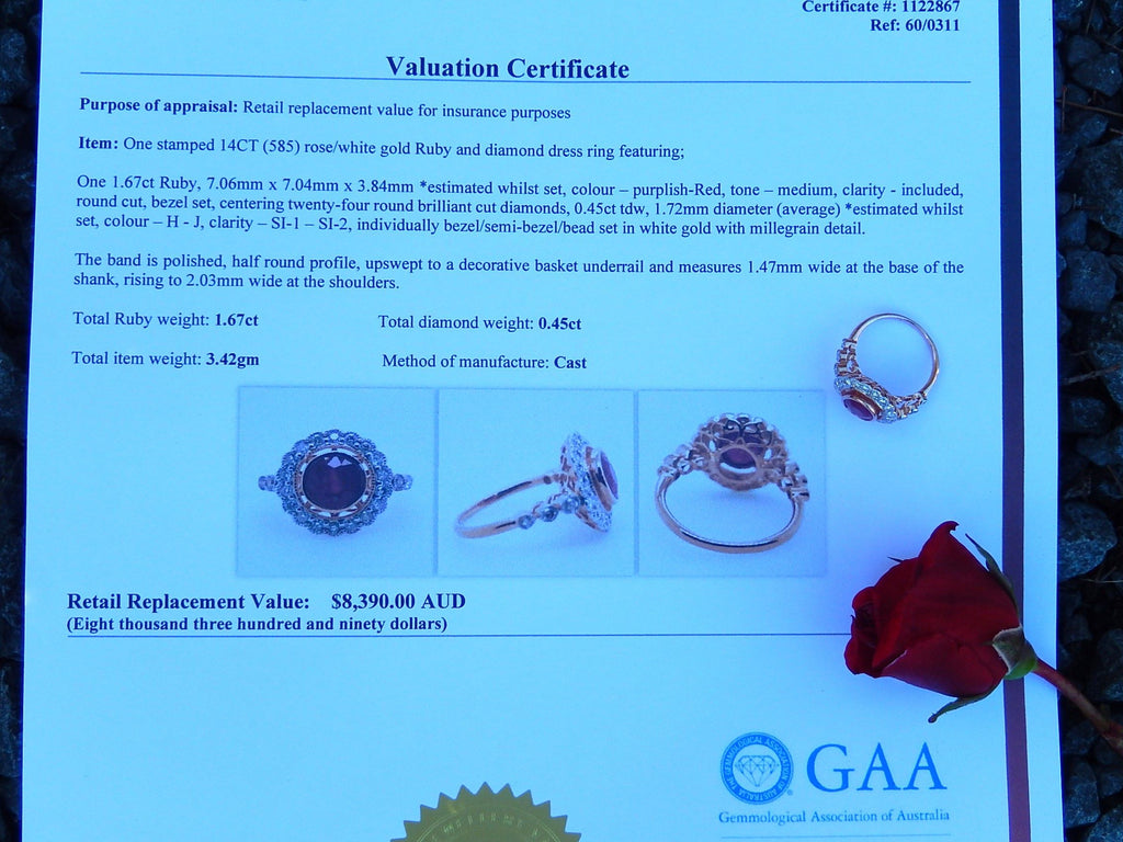 1.67ct Ruby and Diamond Ring in 14ct Rose and White Gold