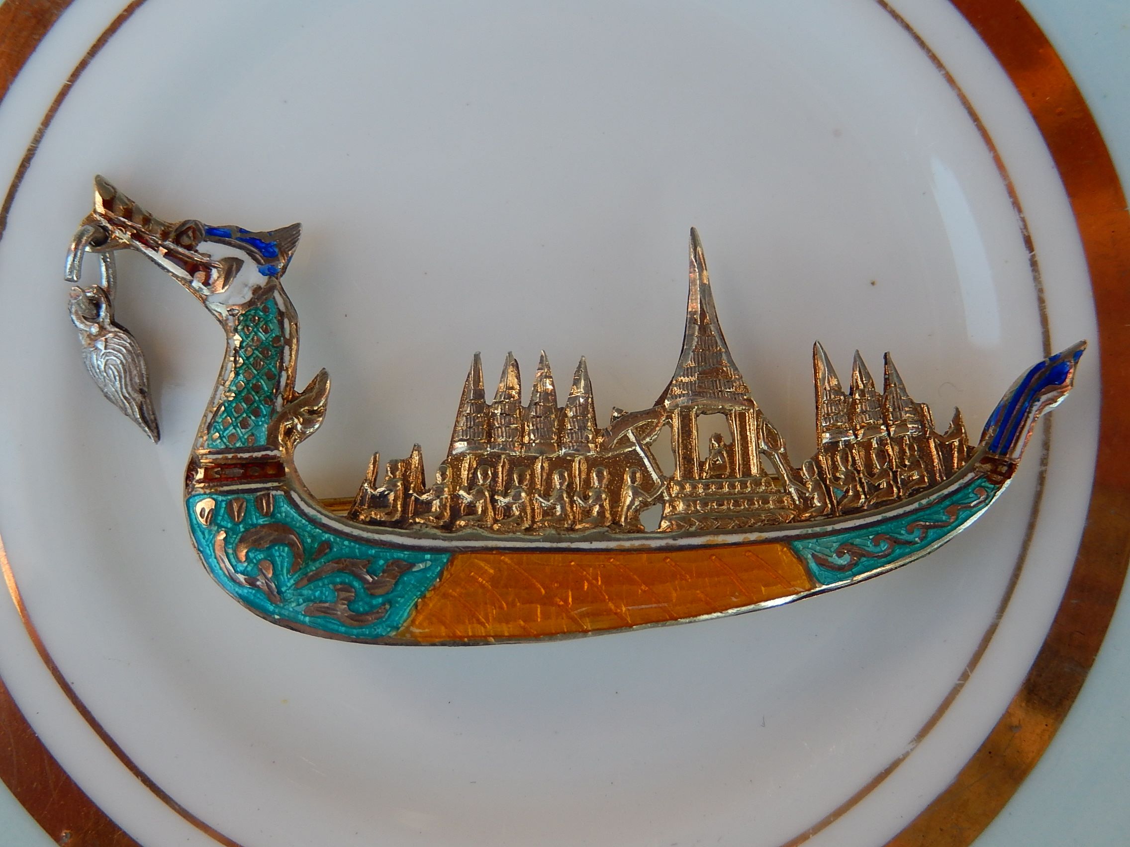Siam Sterling and Enamel Boat Brooch