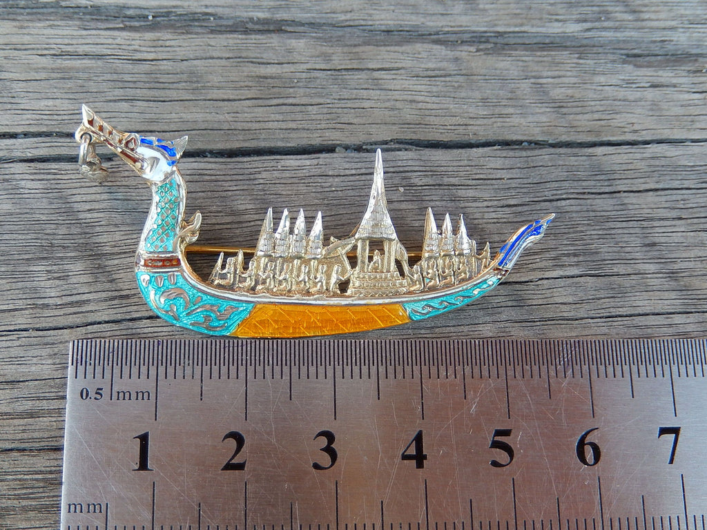 Siam Sterling and Enamel Boat Brooch
