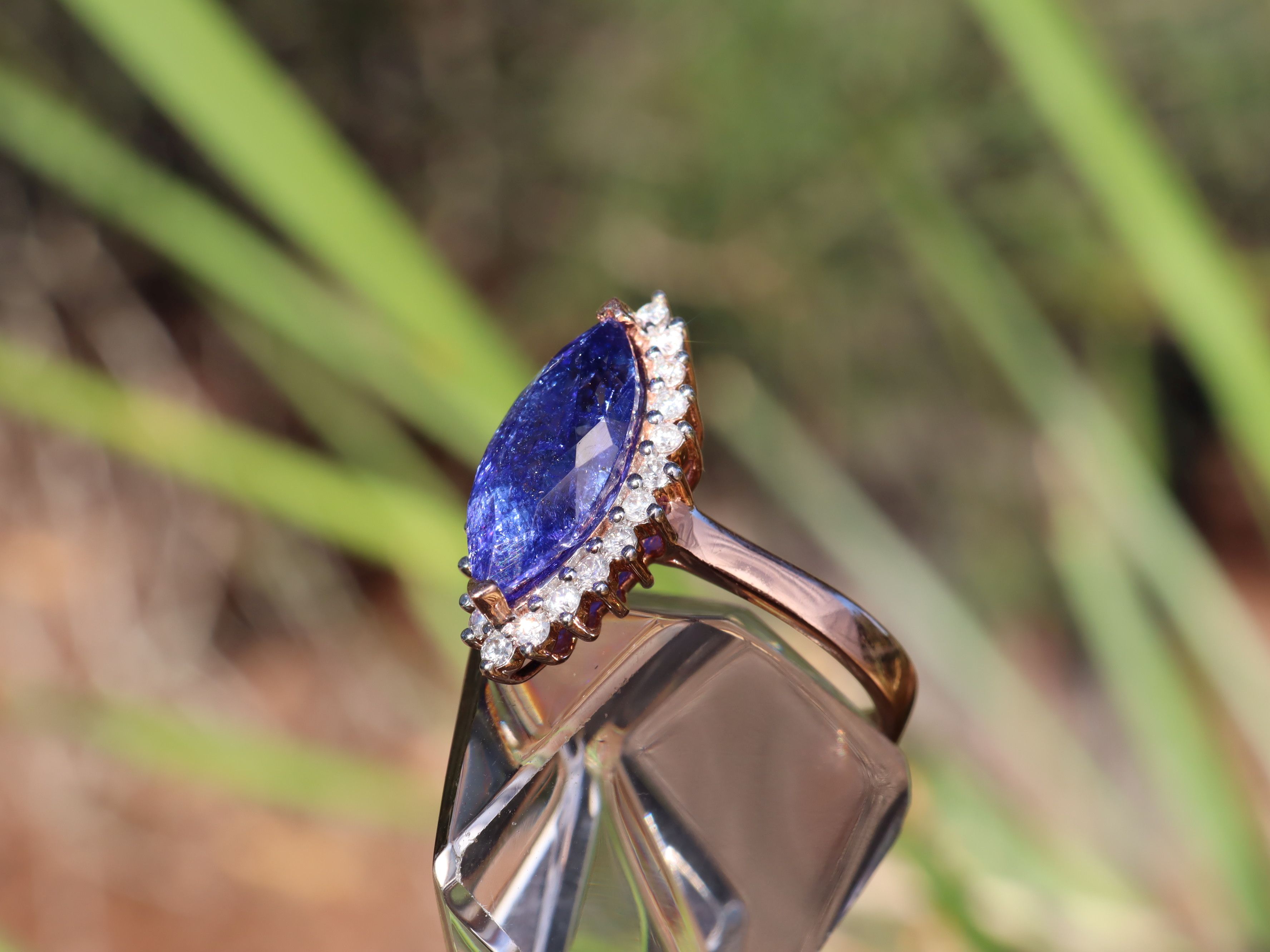 Marquise Cut Tanzanite and Diamond Ring in 14ct Rose Gold