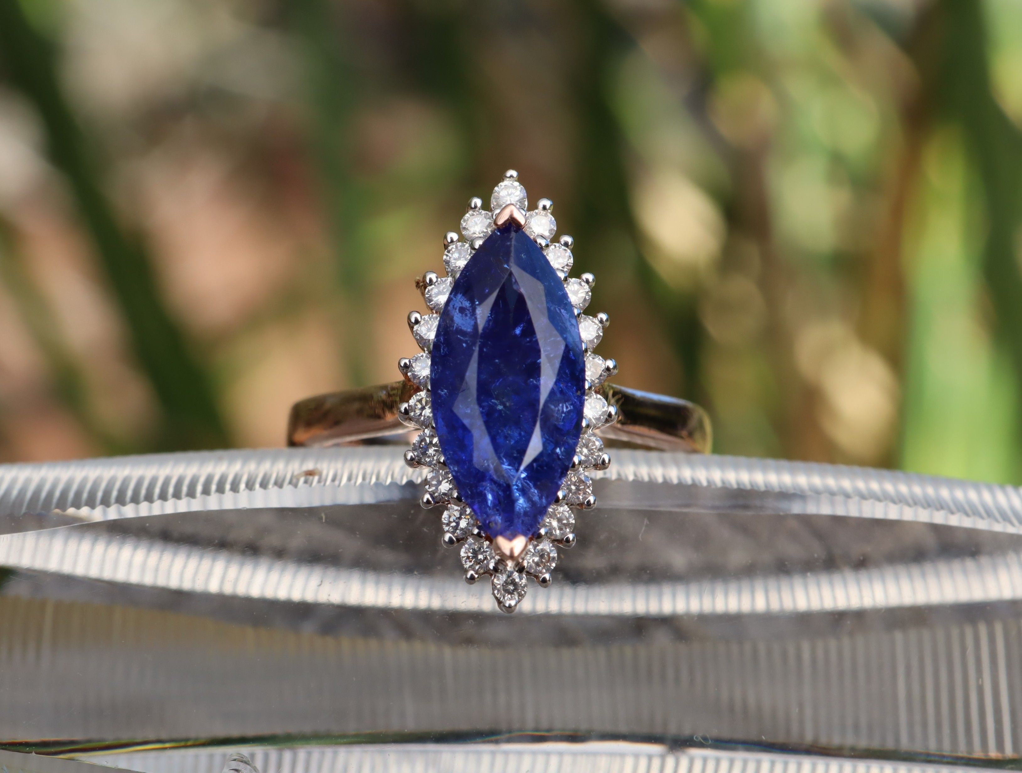 Marquise Cut Tanzanite and Diamond Ring in 14ct Rose Gold