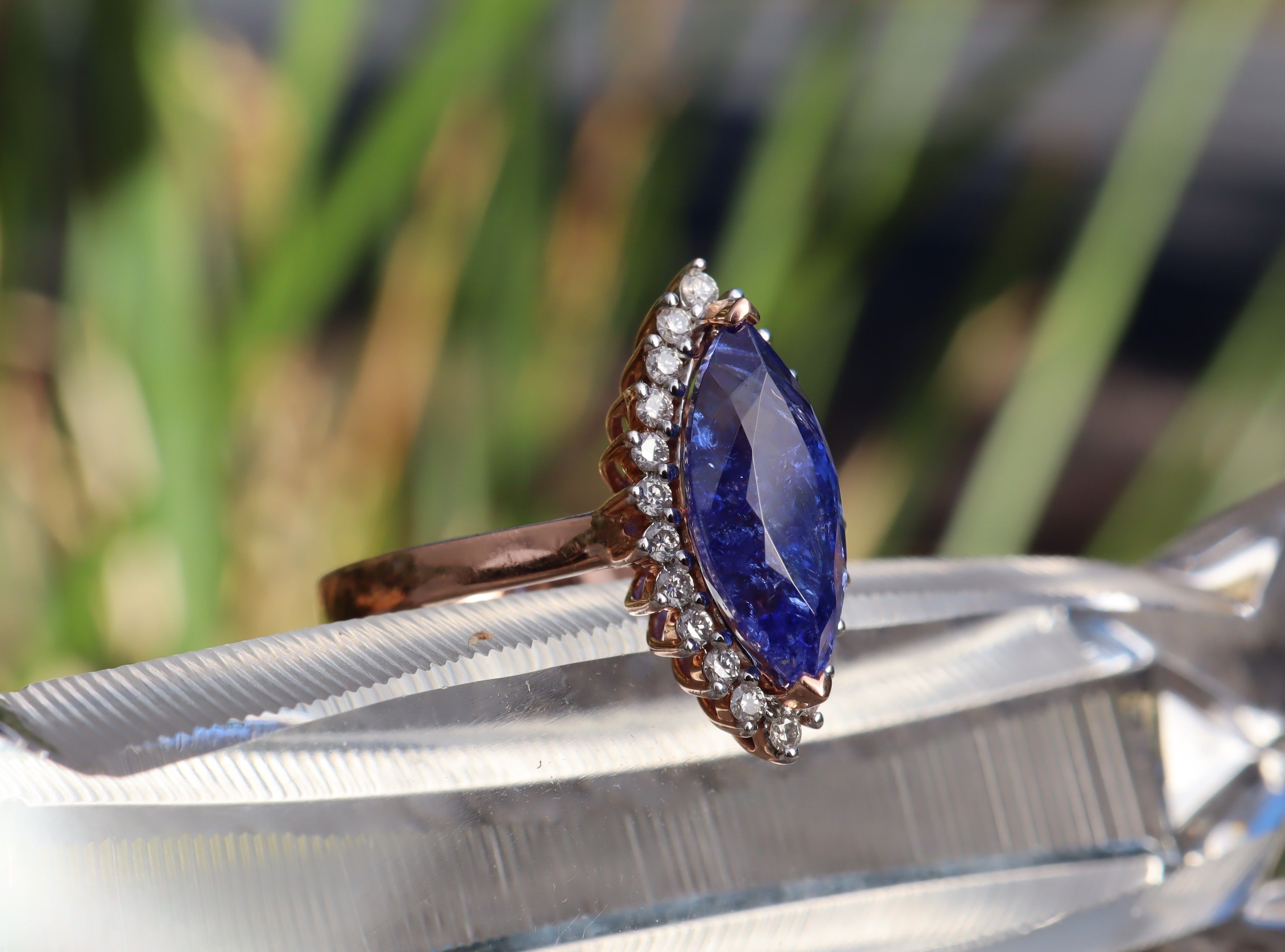 Marquise Cut Tanzanite and Diamond Ring in 14ct Rose Gold