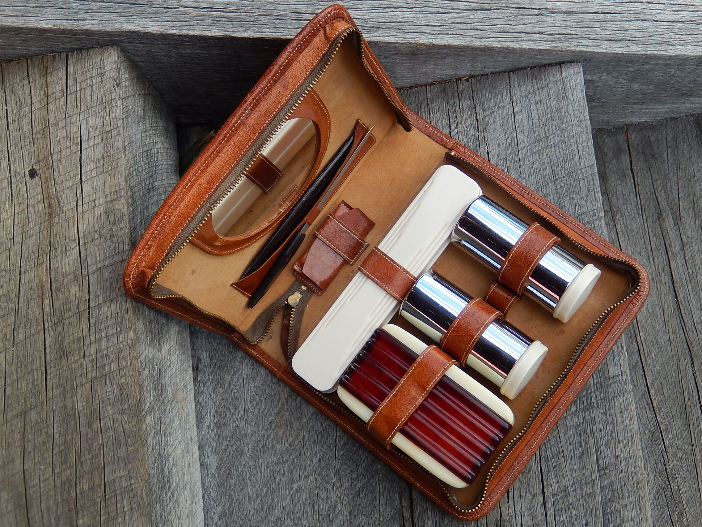 Brown Kangaroo Skin Vanity Case with Shaving Items c.1970