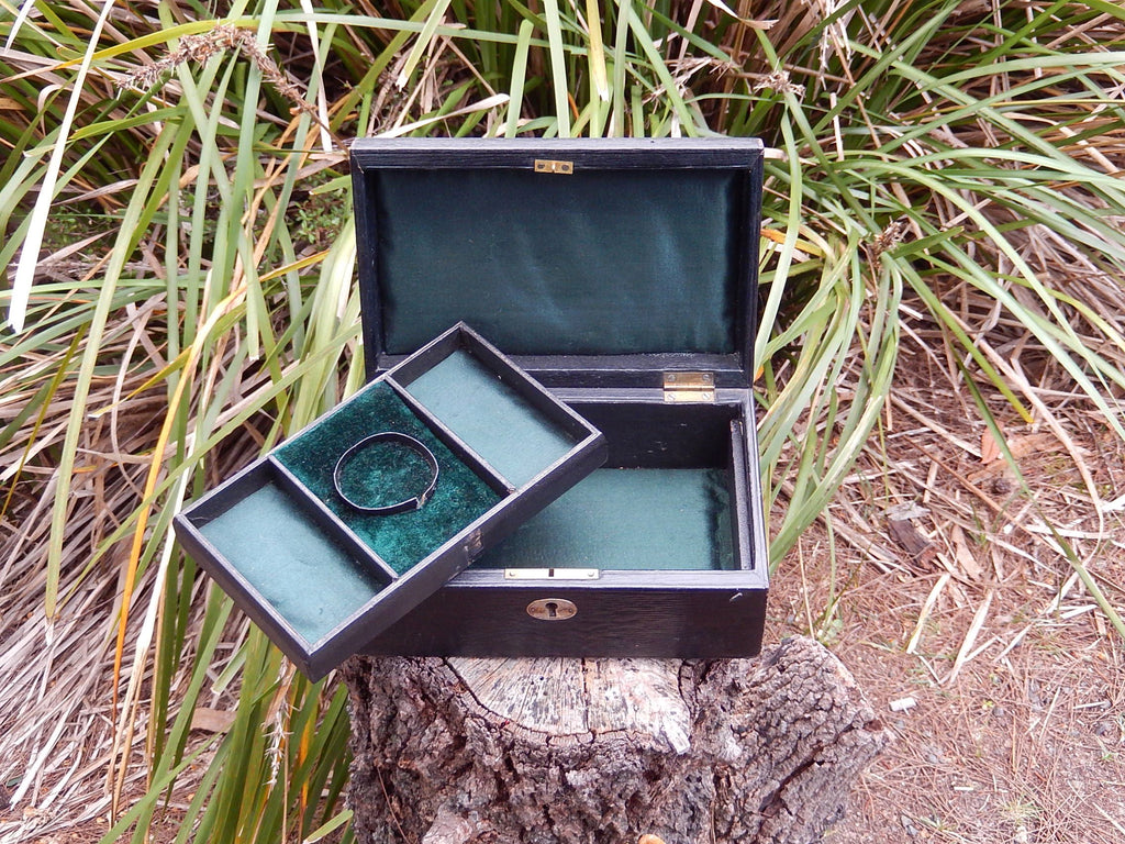 Antique Leather, Black Satin, and Velvet Lined Jewellery Box c.1920