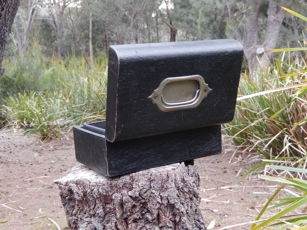 Antique Leather, Black Satin, and Velvet Lined Jewellery Box c.1920