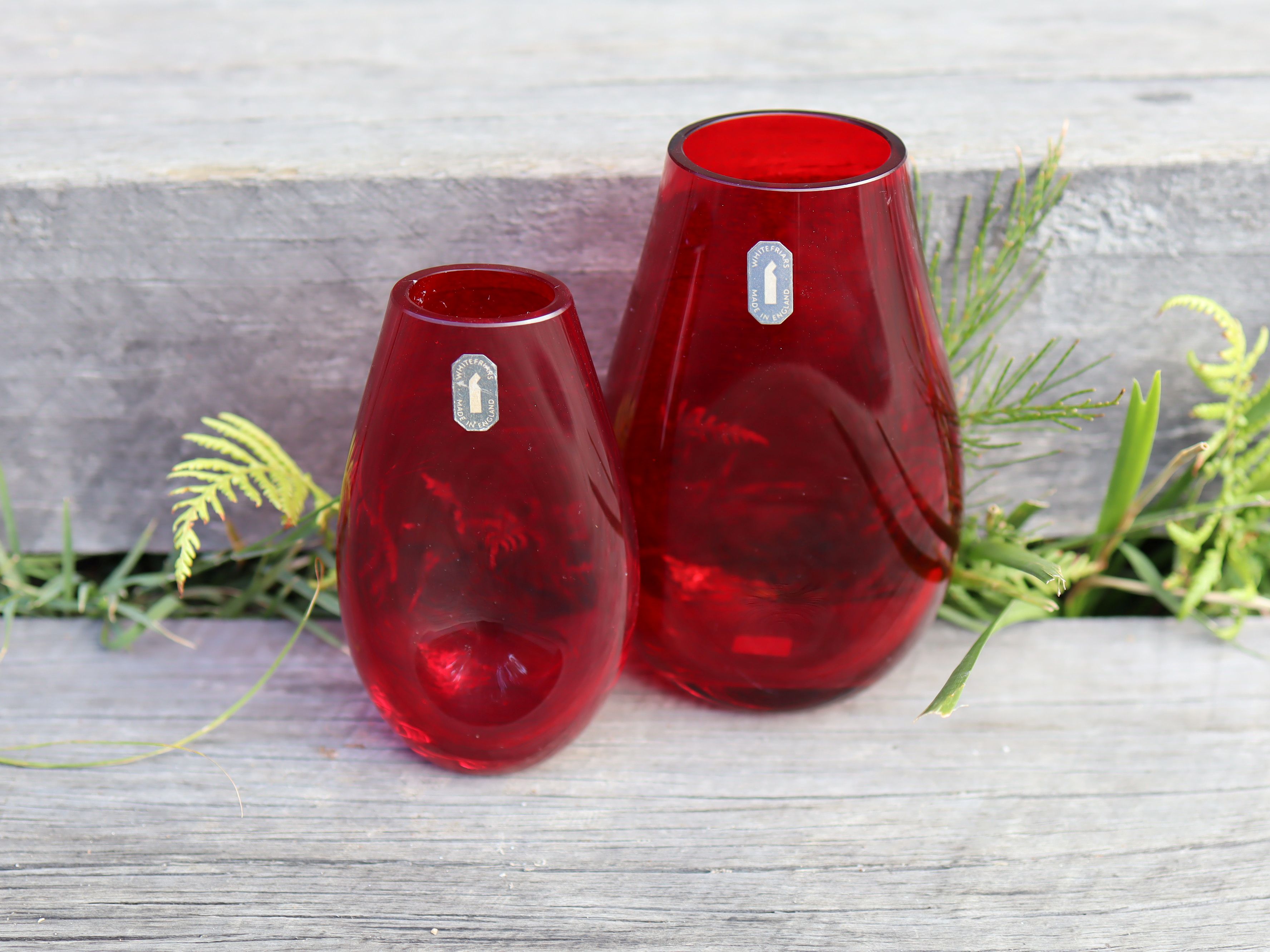 Pair of Whitefriars Ruby Glass Vases